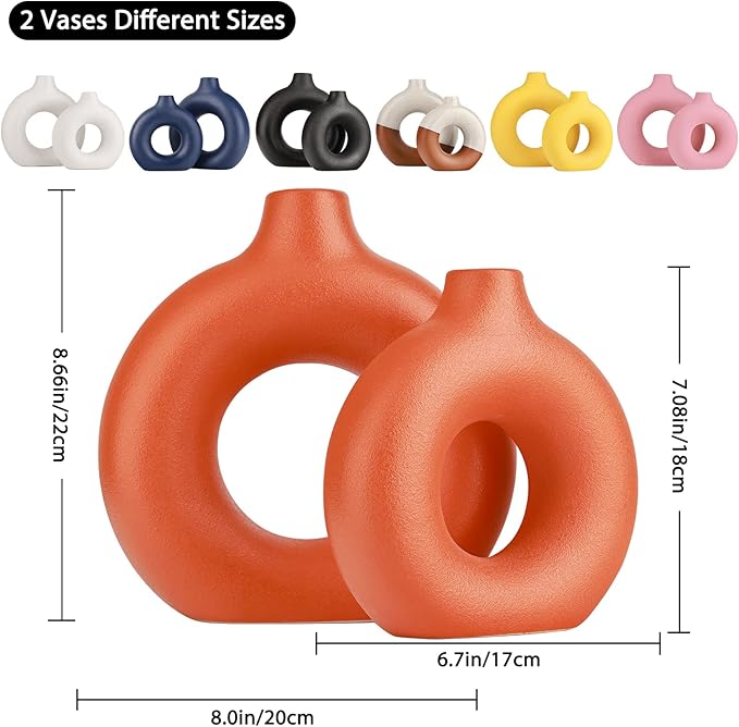Orange Decor Donut Vase Set of 2 - Circle Hollow Vase, Modern Matte Ceramic for Entryway, Living Room, Bedroom, Dining Table Centerpiece, Office Home Decor