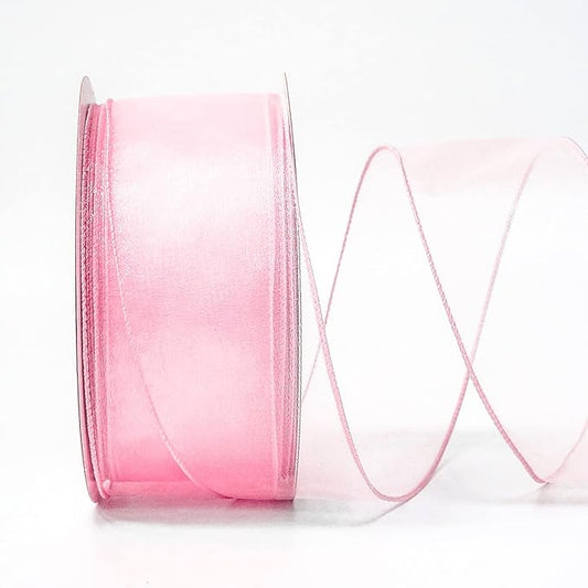 CT CRAFT LLC Sheer Organza Wired Ribbon 2.5" x 50Yards Pink for Wedding Chair Bow Flora Bouquet Gift Wrapping Christmas Tree Home Decor Wreath