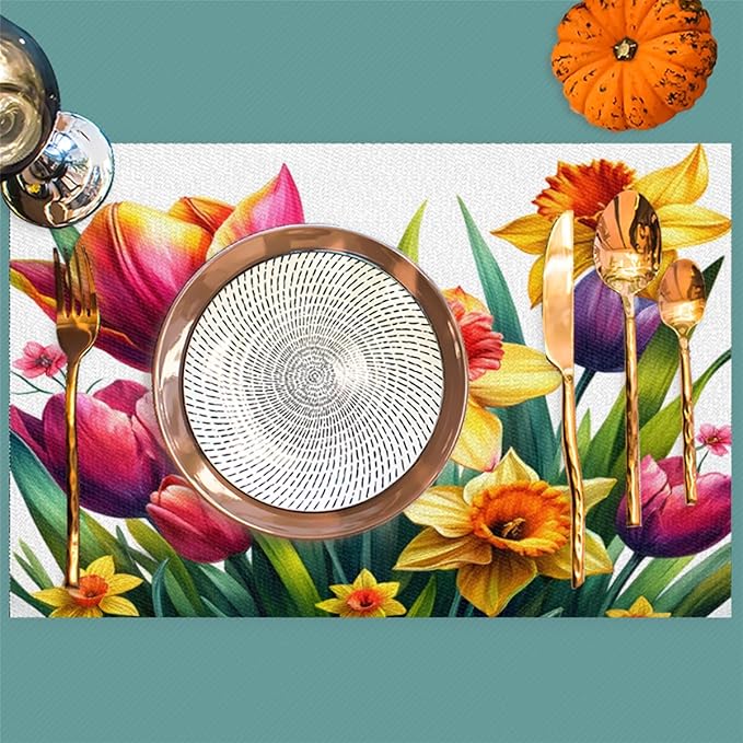 Spring Beautiful Flower Placemats Set of 1 PVC Vinyl Non Slip Table Mats Waterproof Heat Resistant Place Mats Washable Wipeable Dining Table Mat for Kitchen Party Indoor Outdoor Decorative
