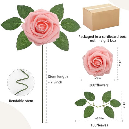 200PCS Artificial Flowers Pink Roses Real Looking Foam Fake Roses with Leaves for DIY Wedding Bouquets Bridal Shower Party Decorations (Pink, 200)