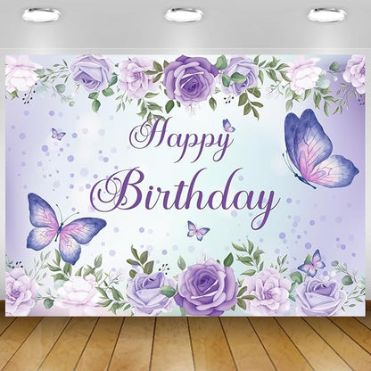 Purple Butterfly Birthday Banner Backdrop for Women Girl (59x36 inch) Purple Happy Birthday Decorations Banner for Women Rose Flowers Butterfly Backdrop Decortions for Girl