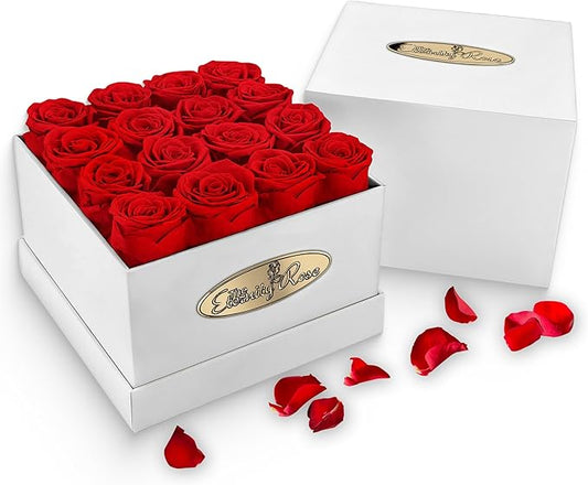The Eternity Rose 16-Piece Preserved Roses in a Luxury Gift Box – Real Roses in Square White Box – A Valentine’s Gift as Everlasting as Your Love