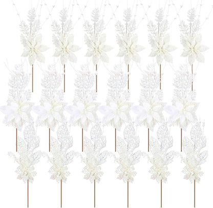 18 Pack 3 Styles 17 Inch Christmas Glitter Poinsettia Berry Stems Ornaments Artificial Floral Branches Picks for Christmas Tree Home Vase Holiday Party Decor(White)