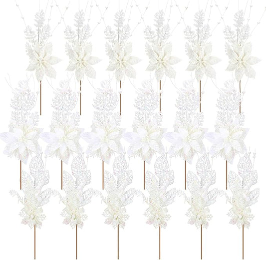 18 Pack 3 Styles 17 Inch Christmas Glitter Poinsettia Berry Stems Ornaments Artificial Floral Branches Picks for Christmas Tree Home Vase Holiday Party Decor(White)