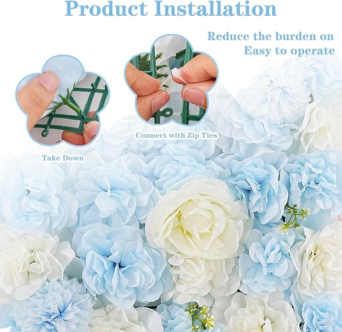 Wedding Flower Wall Backdrop Panels - Blue 24 Packs 3D Floral Wall for Birthday Party Baby Shower Photography Decoration
