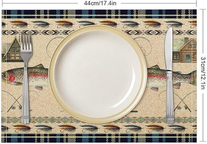 Rustic Cabin Bear Placemats Fishing Rods Lure Southwestern Check Plaid Blue Art Printed Dining Table Mats Set of 4 for Home Kitchen Holiday Picnic Party Decor 12x18in