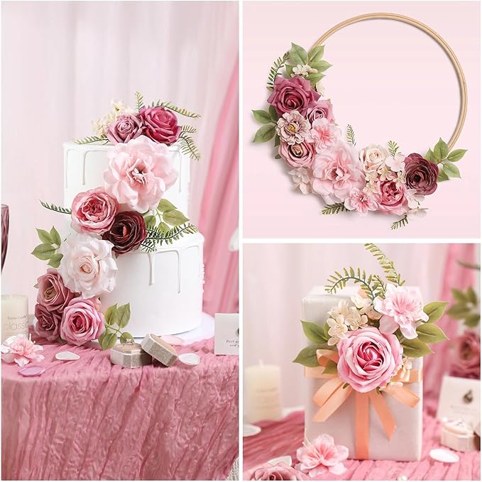 Artificial Flowers Combo Box Nude Pink Flowers Silk Fake Roses Dahlia with Stems for DIY Wedding Bridal Bouquets,Table Centerpieces,Cake Floral Arrangement,Baby Shower,Birthday Home Decor