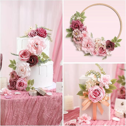 Artificial Flowers Combo Box Nude Pink Flowers Silk Fake Roses Dahlia with Stems for DIY Wedding Bridal Bouquets,Table Centerpieces,Cake Floral Arrangement,Baby Shower,Birthday Home Decor