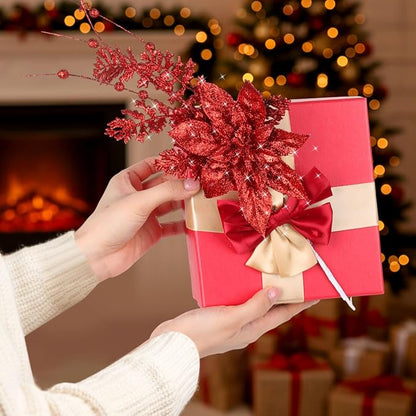 18 Pack 3 Styles 17 Inch Christmas Glitter Poinsettia Berry Stems Ornaments Artificial Floral Branches Picks for Christmas Tree Home Vase Holiday Party Decor(Red)