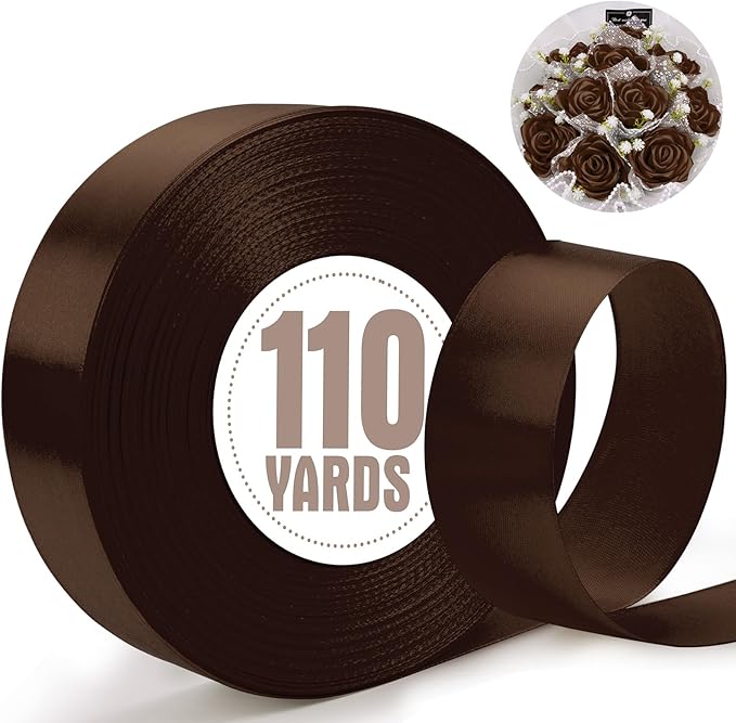 XSEINO 110 Yards Ribbon,1 1/2 Inch Brown Satin Ribbon for Flower Bouquet, Gift Wrapping, Ribbons for Crafts, Hair Bows Making, Wedding Party Decoration, Sewing, Invitation Cards, Christmas