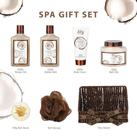 Christmas Gifts Bath and Body Gift Basket Set for Women & Men - 7Pcs Coconut Vanilla Spa Gift Basket Set for Women, Gift Set | Perfect Valentine's, Birthday, Mothers Day for Mom, Gift for All Occasion