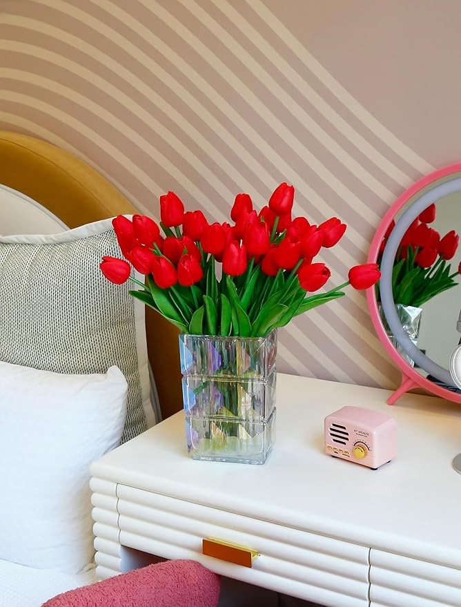36 PCS Red Tulips Artificial Flowers 13" PU Fake Flowers for Wedding Home Decor (Red)