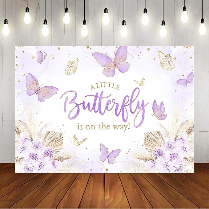 Mocsicka 7x5ft Butterfly Baby Shower Backdrop Purple A Little Butterfly is on Her Way Banner Boho Floral Lavender Purple Butterfly Baby Shower Decorations Photo Booth Props