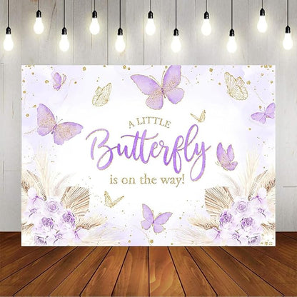 Mocsicka 7x5ft Butterfly Baby Shower Backdrop Purple A Little Butterfly is on Her Way Banner Boho Floral Lavender Purple Butterfly Baby Shower Decorations Photo Booth Props