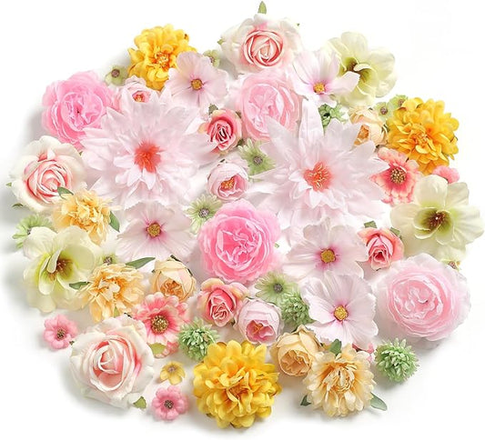 Fake Flowers Heads Bulk Pink Green Mini Artificial Silk Flower for Crafts, Small Artificial Daisy Roses Faux Flowers for Graduation Cap DIY Cake Wedding Party Home Garland Decoration