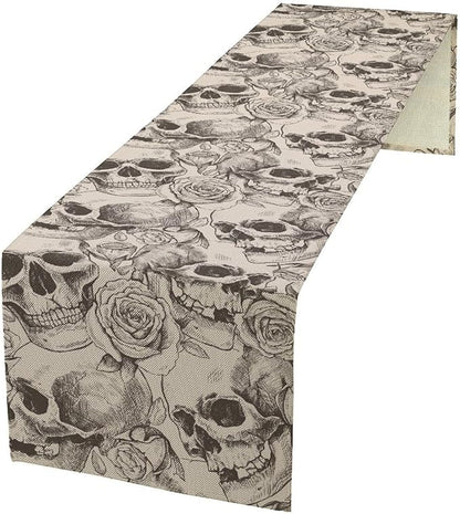 Gothic Table Runner,White Skull Floral Print Table Runner for Home Kitchen Table Dining Garden Farmhouse Wedding Party Decor 13x90 Inch