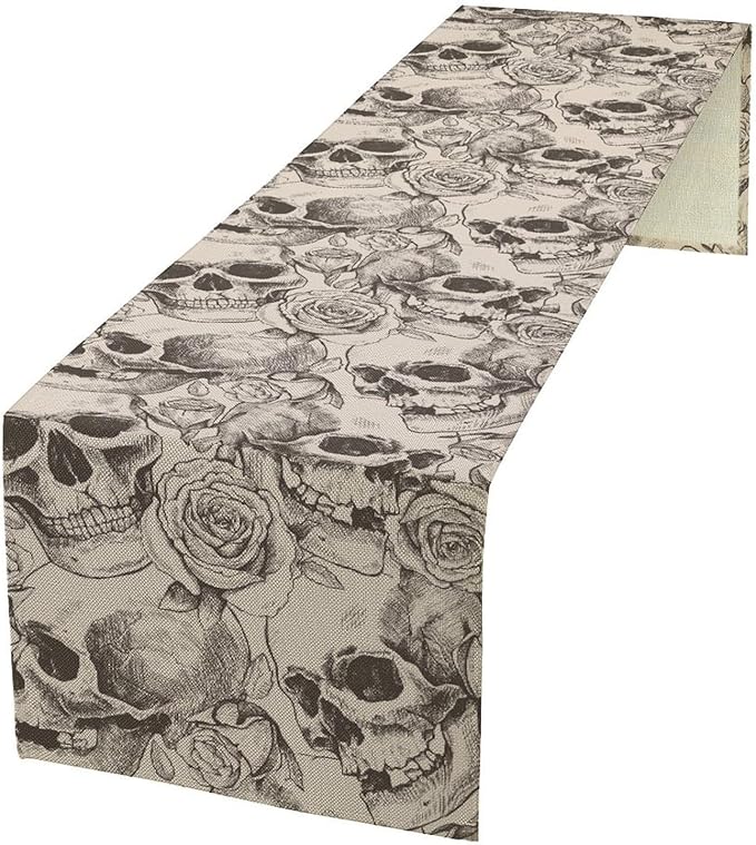 Gothic Table Runner,White Skull Floral Print Table Runner for Home Kitchen Table Dining Garden Farmhouse Wedding Party Decor 13x36 Inch