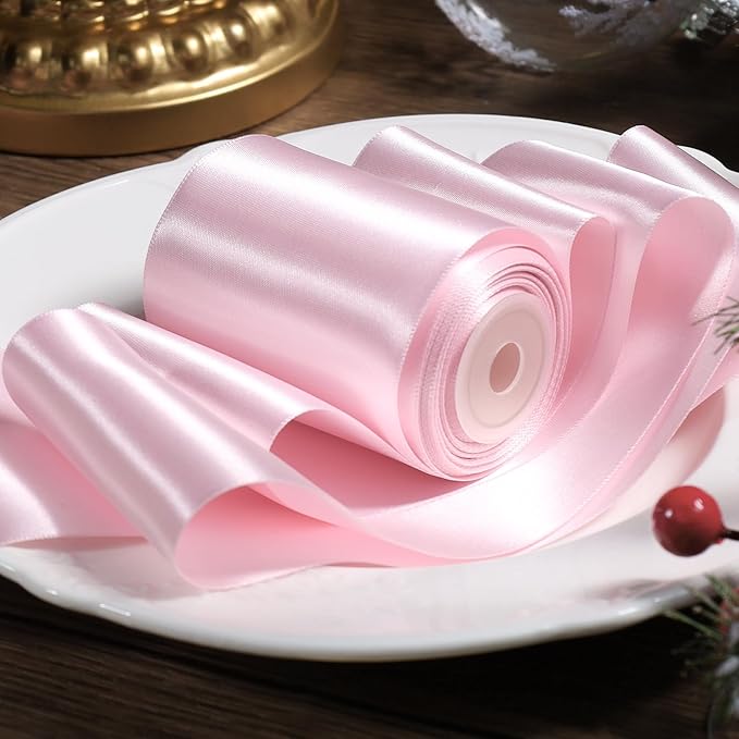 LaRibbons Light Pink Satin Ribbon 4 Inch 10 Yards Double Faced Luxury Light Pink Silk Ribbon for Gift Wrapping Flower Bouquets Bow Christmas Wedding Party Decoration