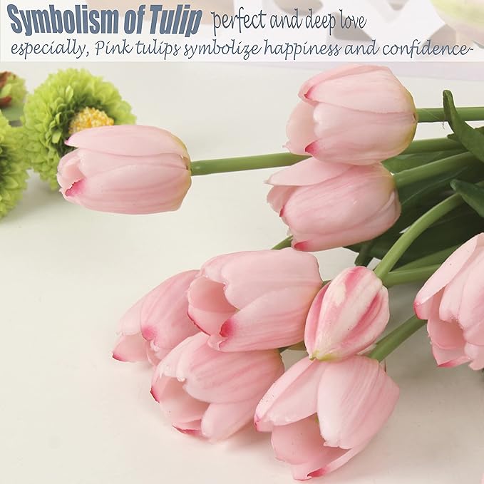 20pcs Artificial Tulip Flowers,16 Inch Real Touch Tulip Stems with Faux Leaves, Faux Tulips and Buds for Home Décor Centerpiece Ornament Wedding Bouquet,Pink