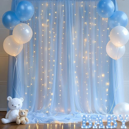 10ft x 10ft Blue Backdrop Curtain with Lights String for Parties, Sheer Tulle Wedding Photo Backdrops Drapes for Baby Shower Birthday Party Decorations Background for Photography