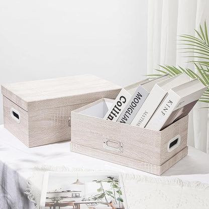 Briful Set of 2 Rustic Wood Grain Storage Boxes with Lids – Stackable Rectangular Organizer Bins, 14'' + 13'' Set Decorative Storage Containers for Bedroom, Living Room, Gifts
