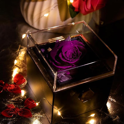 Preserved Real Purple Forever Rose Rotating Box with I Love You Necklace 100 Languages,Forever Flowers Rotating Jewelry Box Gifts for Women Mom Wife Girlfriend,Mothers Day Birthday Anniversary