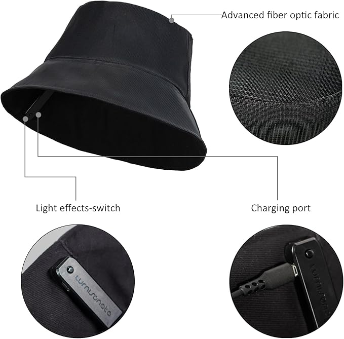 LED Rave Bucket Hat Light up Fisherman Cap 7 Colors Glow in the Dark Party Hats USB Rechargeable EDM Festival Gear