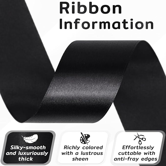 60 Yards Black Satin Ribbon 1-1/2 Inch, Solid Polyester Fabric Ribbon for Gift Wrapping, Crafts, Flower Bouquet, Wedding, Baby Shower, Festival, Christmas, Halloween