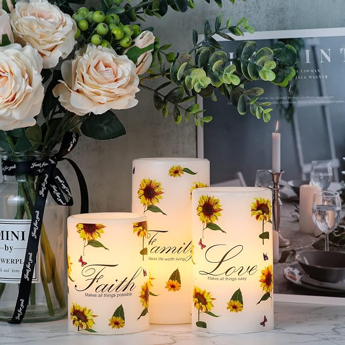 DRomance Sunflower Flameless Flickering Candles with 6H Timer, Set of 3 Battery Operated White Real Wax LED Pillar Candles Party Dinner Holiday Decor(3 x 4,5,6 Inches)