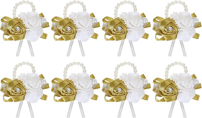 MECCANIXITY 8Pcs Wrist Corsage Artificial Flower Bracelets Rose Wrist Bride Groom Decorative for Wedding Ceremony Prom Party Anniversary Khaki