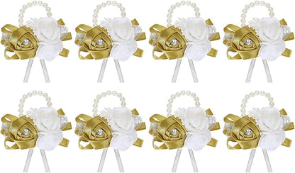 MECCANIXITY 8Pcs Wrist Corsage Artificial Flower Bracelets Rose Wrist Bride Groom Decorative for Wedding Ceremony Prom Party Anniversary Khaki