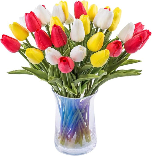 30pcs Artificial Tulips Flowers Real Touch Multicolored Tulips Fake Holland PU Tulip Bouquet Latex Flowers for Wedding Party Office Home Kitchen Decoration (White Red Yellow)
