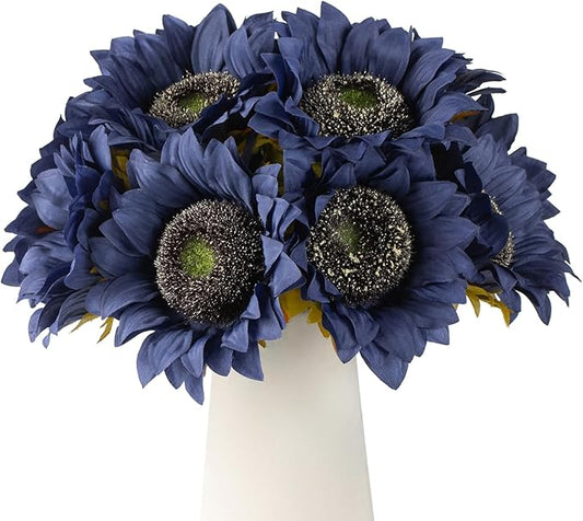 DuHouse 12pcs Artificial Sunflowers with Long Stems 5.5" Silk Sunflowers Bulk for Wedding Home Garden Outdoor Party Decoration(Blue)