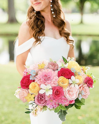 Roses Artificial Flowers Pink Yellow Fake Flower Bulk for Easter Spring Wreath DIY Wedding Bouquet Bridal Baby Shower Party Table Centerpiece Home Decorations Silk Floral Arrangements Fuchsia