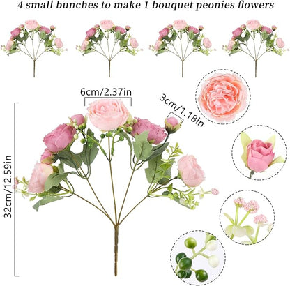 Artificial Peonies Silk Flowers, Pink Faux Peony Bouquet 4 Bundles Florals Arrangements Decor for Farmhouse Home Boho Wedding Table Centerpiece, Fake Plastic Flower Bulk for Vase Decoration (Mix Pink)