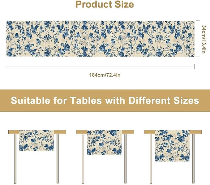 Vintage Floral Table Runner, Retro Blue Flowers Farmhouse Design Table Runner for Kitchen Dining Holiday Party Decor, 13x90 Inch