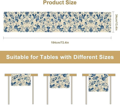 Vintage Floral Table Runner, Retro Blue Flowers Farmhouse Design Table Runner for Kitchen Dining Holiday Party Decor, 13x120 Inch