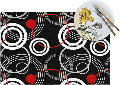 Black Red Placemats Set of 4, Geometric Linen Dining Table Mat, Washable Heat Resistant Place Mats for Kitchen Dining Holiday Party Home Decor