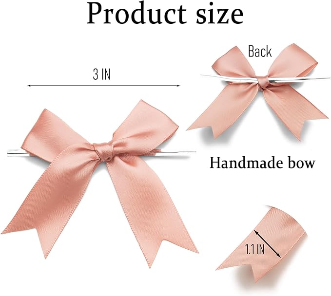 50 Counts Dusty Pink Twist Tie Bows 3.1" Pre-Tied Satin Ribbon Bow Decor Mini Twist Tie Bows for Gift Wrapping Treat Bags Cake Bridal Baby Shower Birthday Party Favors Wedding Decorations