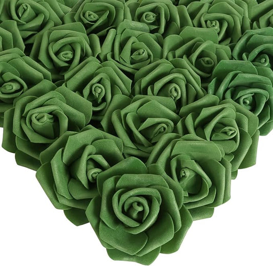 IPOPU 100 Pcs Artificial Foam Roses Heads, 3Inch Stemless Faux Roses Bulk Fake Flowers Heads for Crafts,Wall Decorations, DIY Wedding Baby Shower Centerpieces Party Tables Home Decor(Army Green)