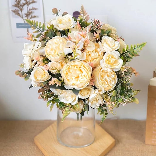 ASTRYAS Artificial Flowers, Small Artificial Peony Silk Flowers Fake Peonies Bouquet Faux Rose Flower Arrangement for Home Party Decoration (Champagne)