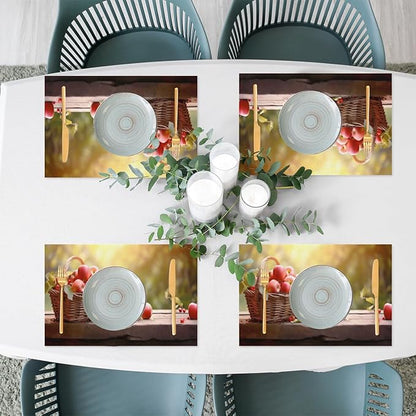 Apple Fall Fruit Basket Placemats Set of 1 PVC Vinyl Non Slip Table Mats Heat Resistant Place Mats Washable Wipeable Dining Table Mat for Kitchen Decor Party Indoor Outdoor Decorative Gift