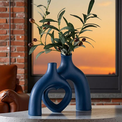 Snuggle Hollow Decorative Ceramic Vase, 8.3 Inch Hug Donut Modern Nordic Boho Style Vases for Aesthetic Home Decor, Anthropologie Living Room Shelf Coffee Table Décor (Navy Blue)