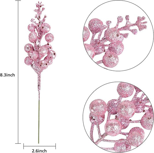 Lvydec 16pcs Christmas Glitter Berry Stems Clearance, 7.8" Artificial Christmas Picks for Christmas Tree Ornaments, DIY Xmas Wreath, Crafts, Holiday and Home Decor (Pink)
