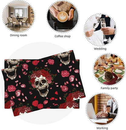 Placemats 4 pcs Skull Flower Double-Layer Imitation Linen Place Mats Non-Slip Heat-Resistant Tablemats for Home Restaurant Hotel 18×12 Inch