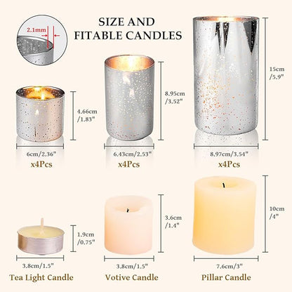 CHILL RECIPE Silver Cylinder Vases Glass Candle Holders Bulk, Mercury Hurricane Candle Holder Small Flower Vases for Centerpieces Tea Light Pillar Votive Candles Wedding Decor Party (4 Set 12Pcs)