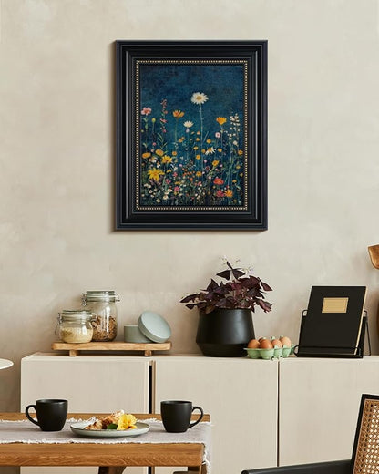 WHASAYART Vintage 3D Textured Botanical Floral 16x20 Framed Wildflower Wall Art, Rustic Dark Blue Colorful Flower Artwork, Retro Vibrant Painting Living Room Kitchen Bedroom Hallway Home Decor