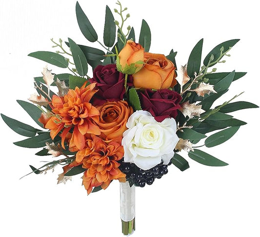 Rinlong Fall Wedding Bouquets for Bridesmaids Burnt Orange Bridesmaid Artificial Flowers Terracotta Bouquet Wedding Prom Homecoming