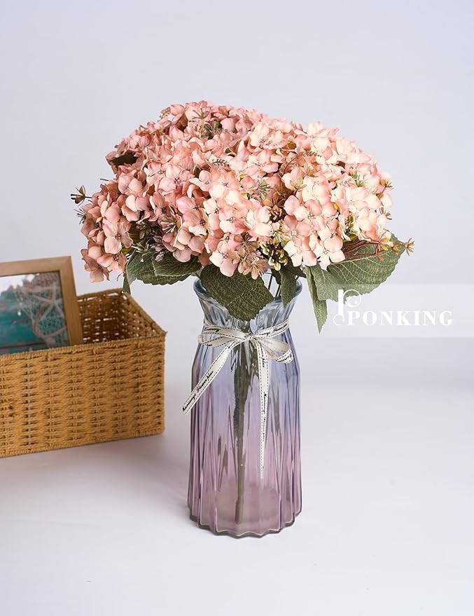 Hydrangea Artificial Flower 3pcs Realistic Faux Silk Hydrangeas Fake Flowers Bouquets Arrangements Decor for Wedding Spring Mother's Day, Home Table Decorations, Pink Champagne Flower