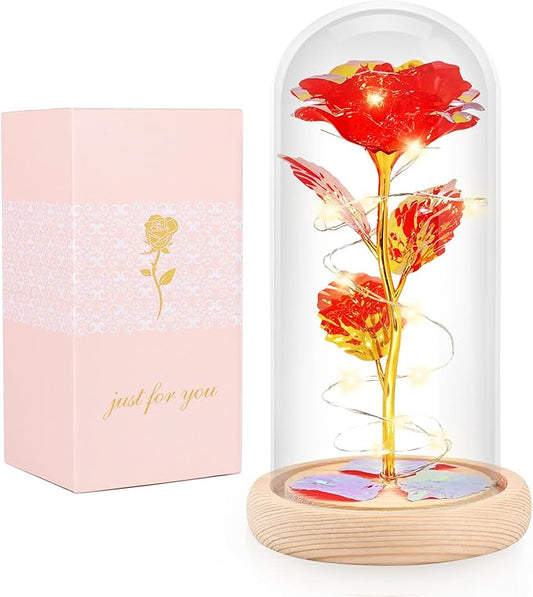 Beferr Mom Birthday Gifts for Women, Galaxy Glass Rose Forever Preserved Flowers for Delivery Prime Light Up Rose in Glass Dome Christmas Rose Gifts for Her Wife Daughter Friends, Red